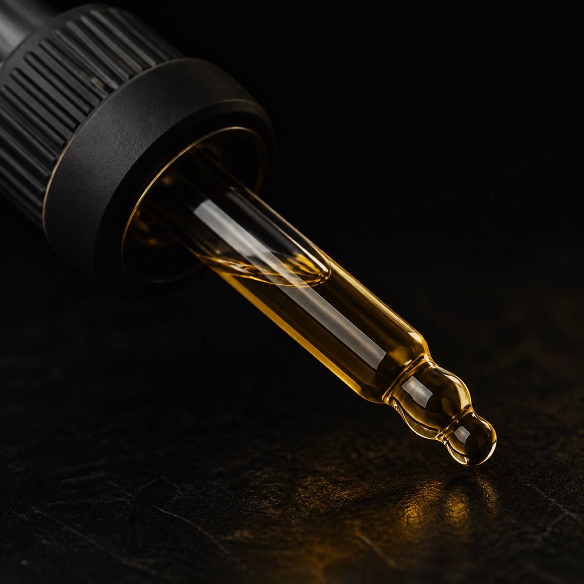 Beard Oil — the working end at magnification — under a single warm gold light on black.