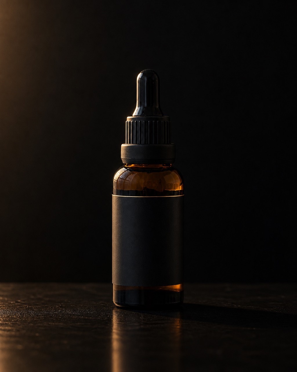 Beard Oil — facial-hair oil — standing alone against near-black under a single warm gold light.