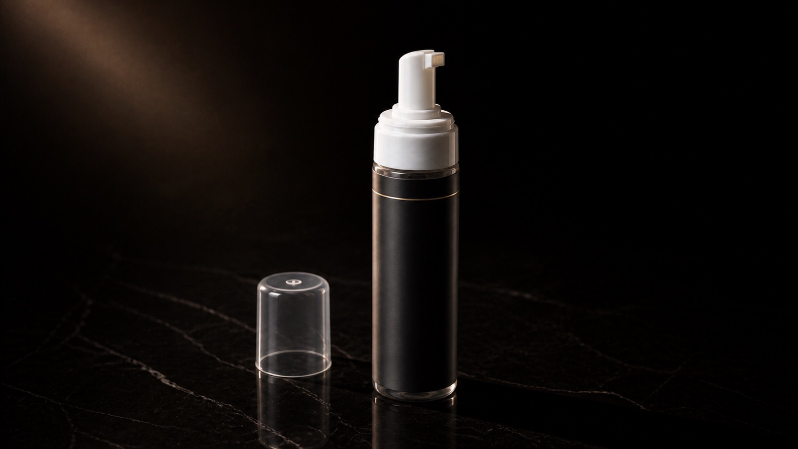 Bounce Boost Mousse — seen in three-quarter view, low in a wide frame — under a single warm gold light on black.