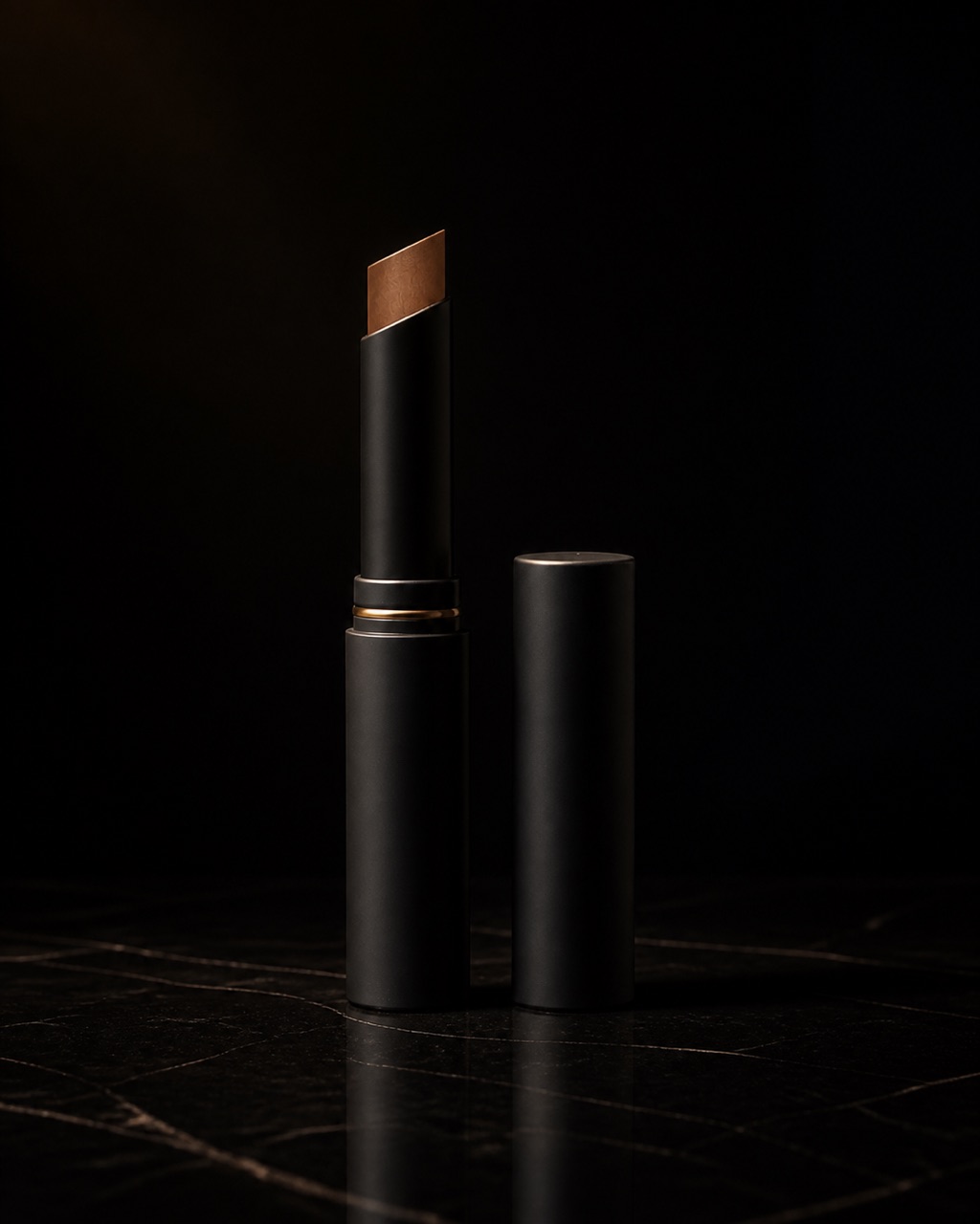 Concealer Stick — targeted stick — standing alone against near-black under a single warm gold light.