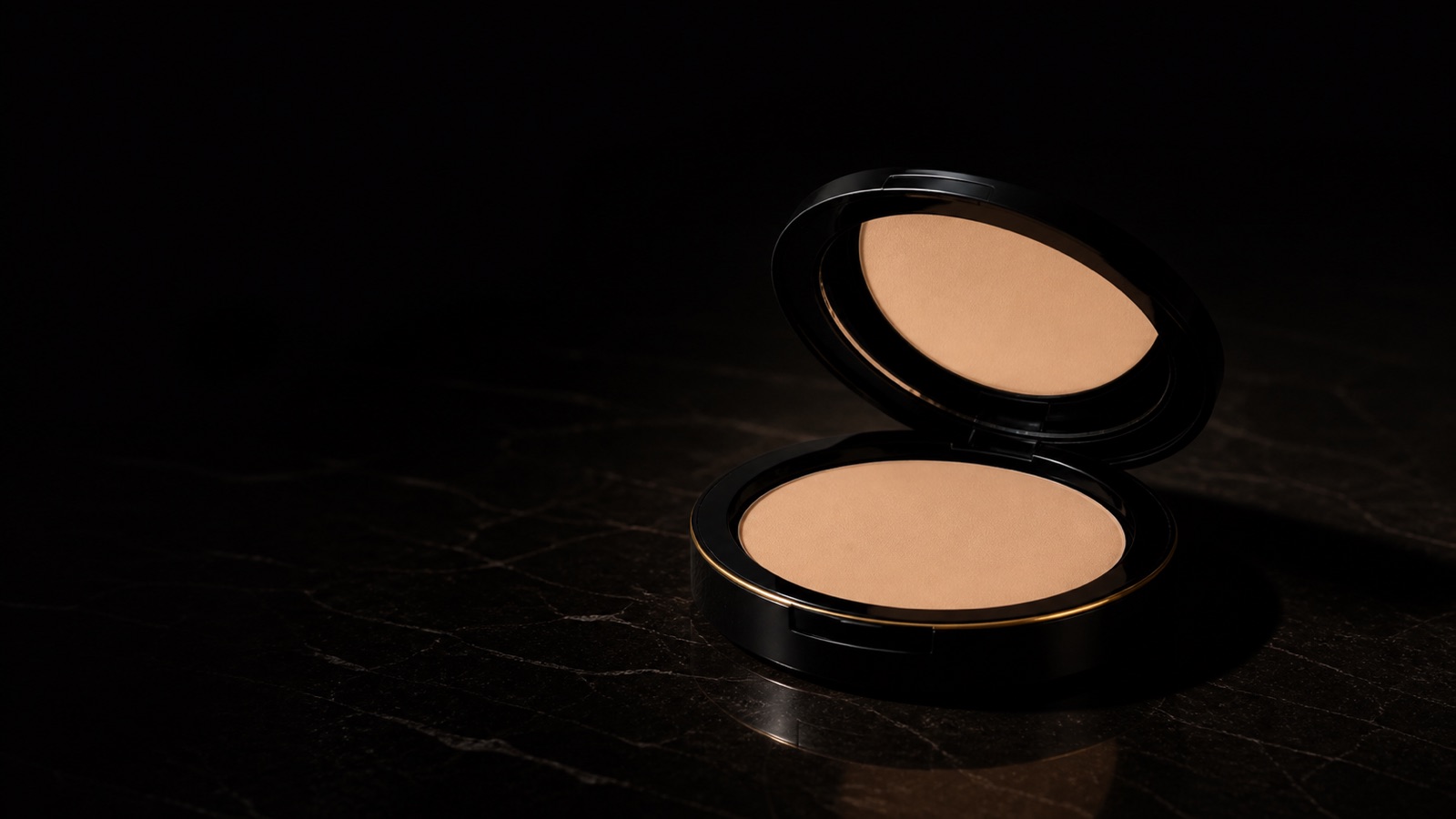 Dual Blend Powder Foundation — seen in three-quarter view, low in a wide frame — under a single warm gold light on black.
