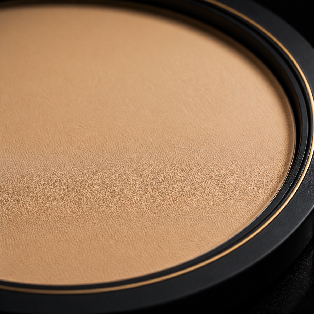 Dual Blend Powder Foundation — the working end at magnification — under a single warm gold light on black.