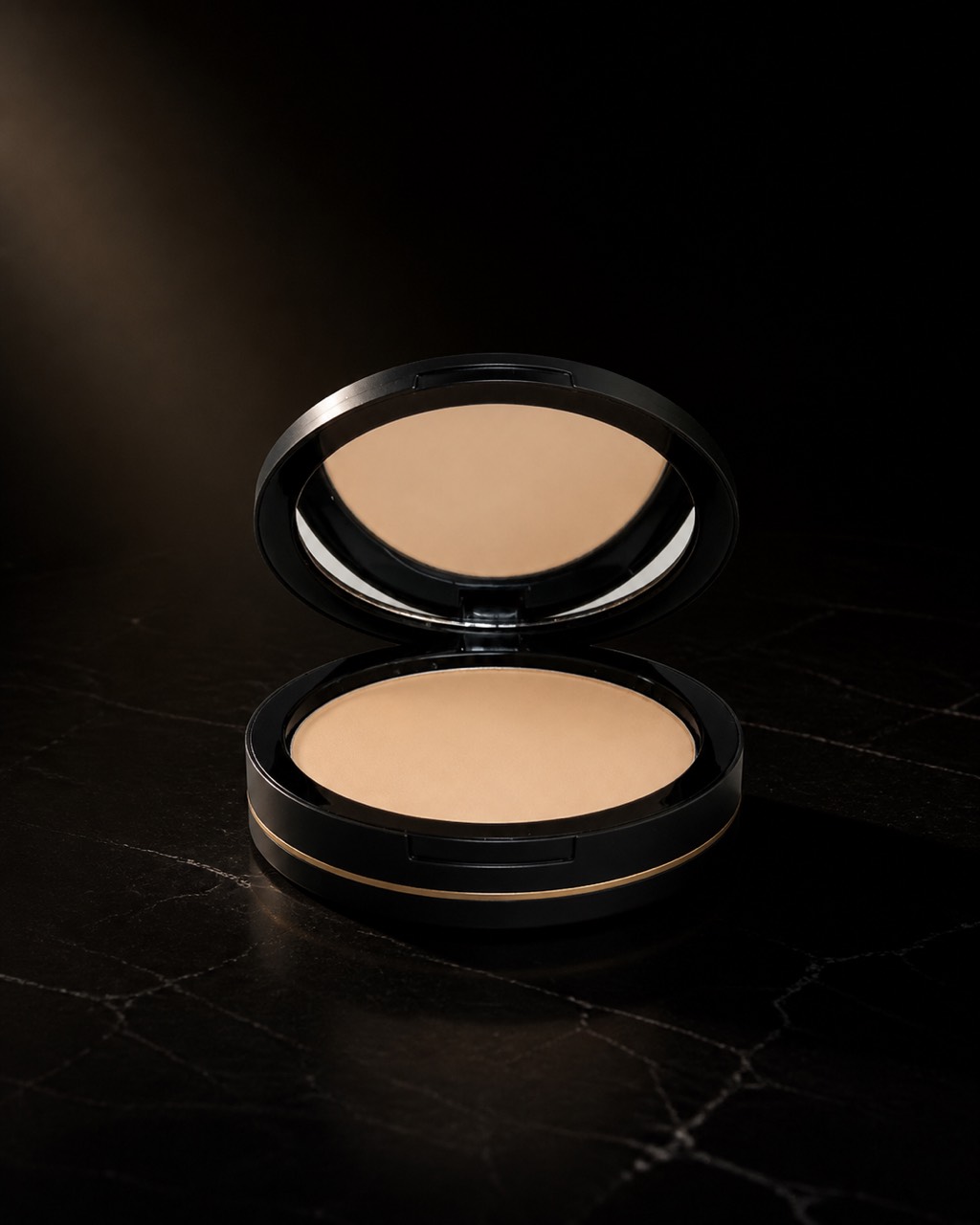 Dual Blend Powder Foundation — portable powder coverage — standing alone against near-black under a single warm gold light.