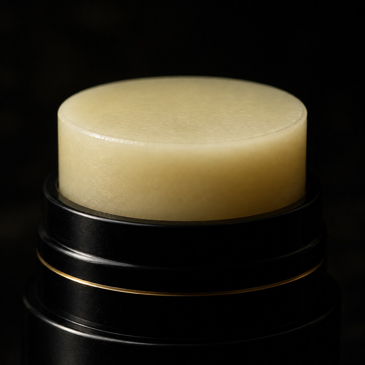 Vegan Lip Balm — the working end at magnification — under a single warm gold light on black.