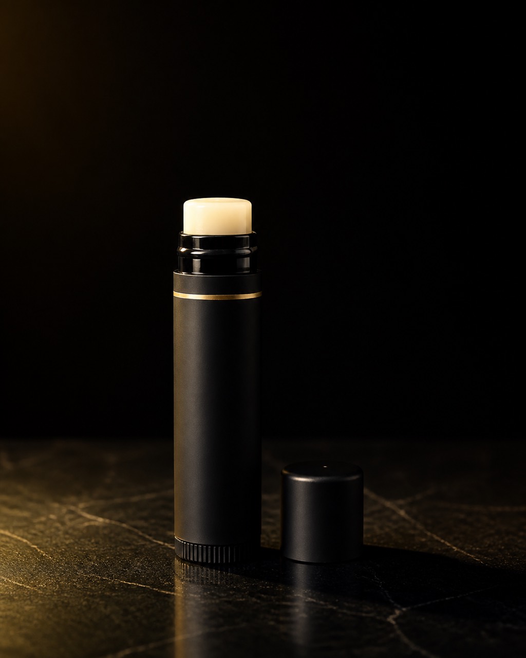 Vegan Lip Balm — neutral daily balm — standing alone against near-black under a single warm gold light.