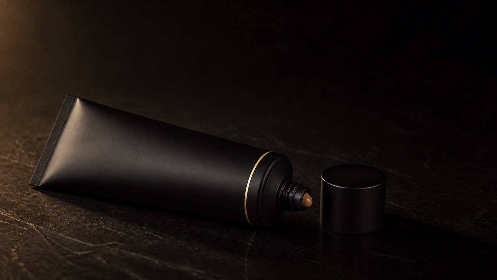 Bronzing Moisturizer — seen in three-quarter view, low in a wide frame — under a single warm gold light on black.