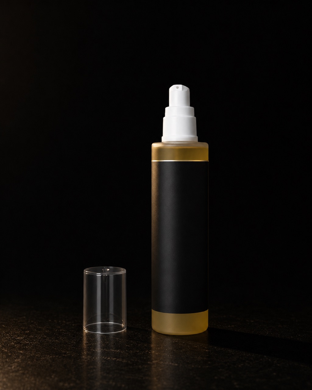 Cleansing Oil — makeup and sunscreen melt — standing alone against near-black under a single warm gold light.