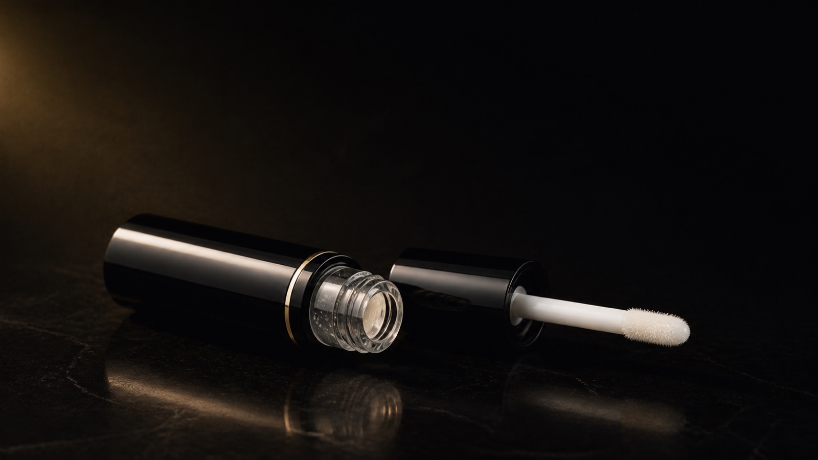 Hydrating Lip Oil — seen in three-quarter view, low in a wide frame — under a single warm gold light on black.