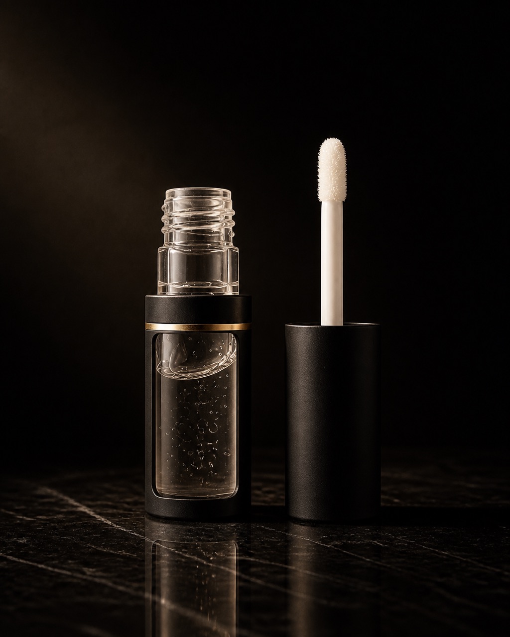 Hydrating Lip Oil — clear conditioning lip shine — standing alone against near-black under a single warm gold light.