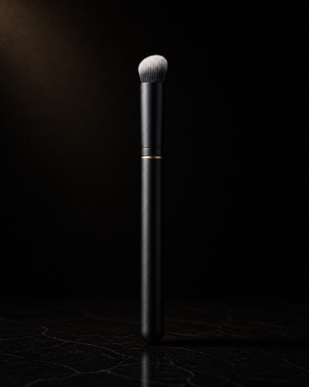 Large Blurrer Brush — concealer finishing brush — standing alone against near-black under a single warm gold light.