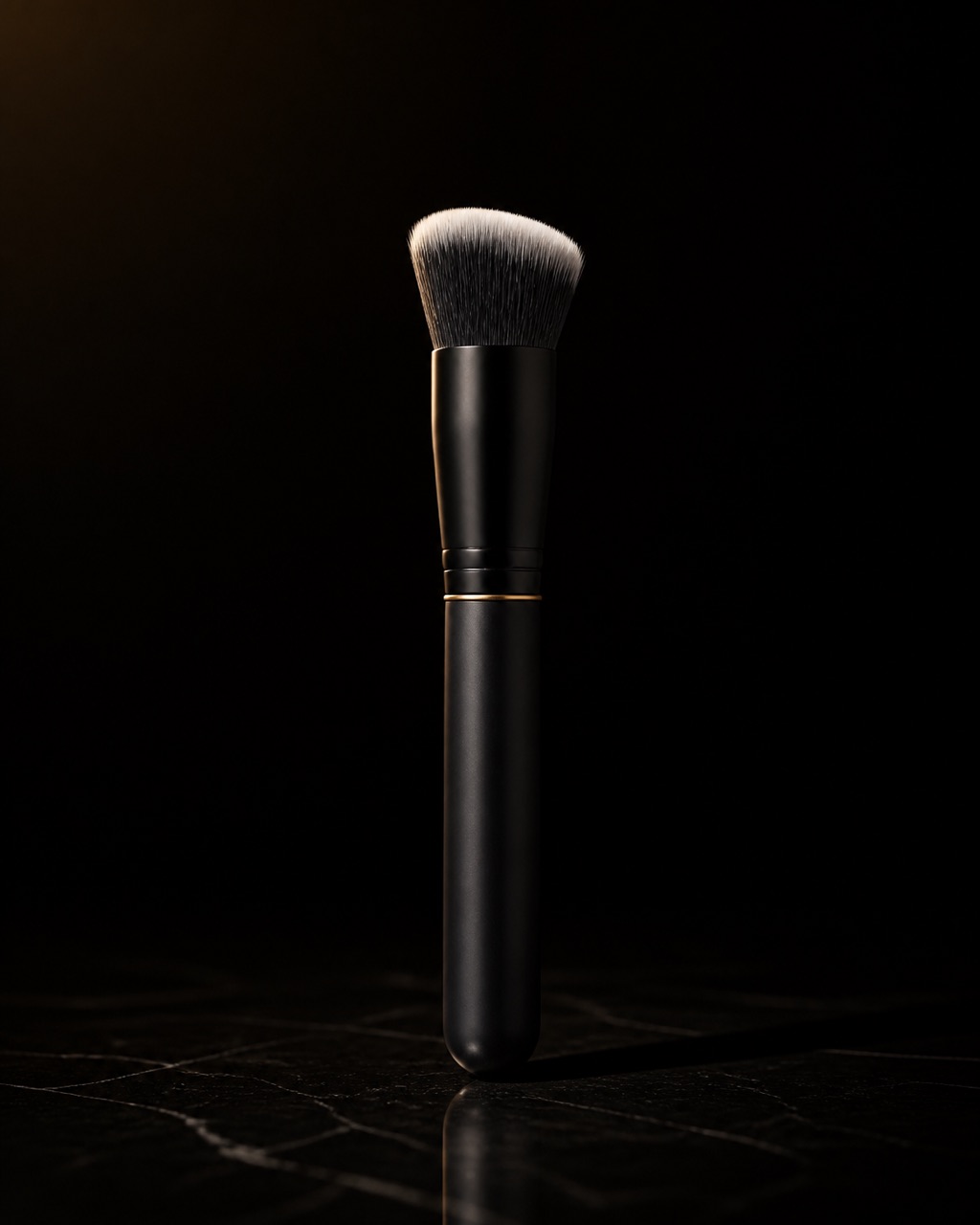 Stipple & Blend Brush — buildable complexion brush — standing alone against near-black under a single warm gold light.