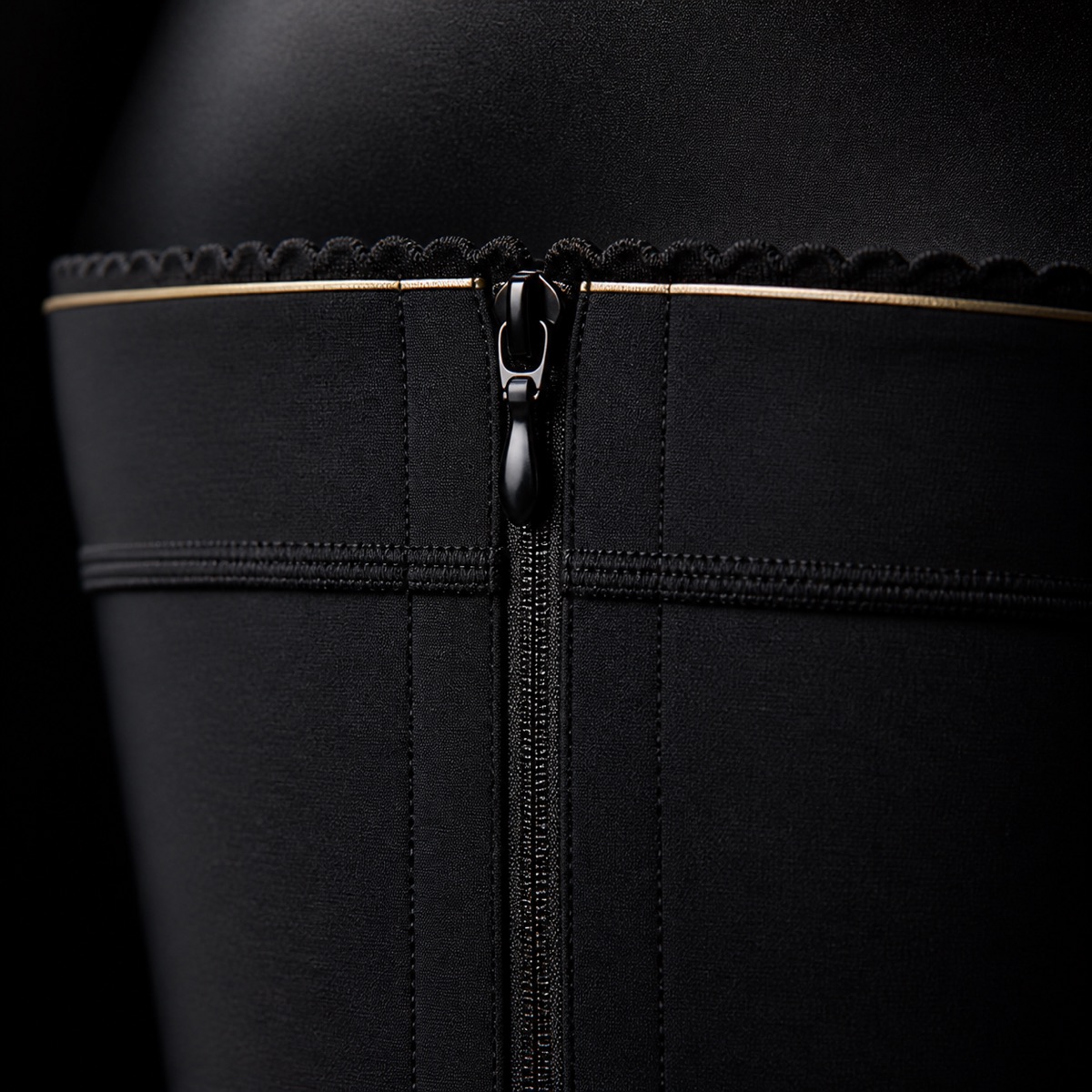 Under-Bust Zip Bodysuit — the working end at magnification — under a single warm gold light on black.