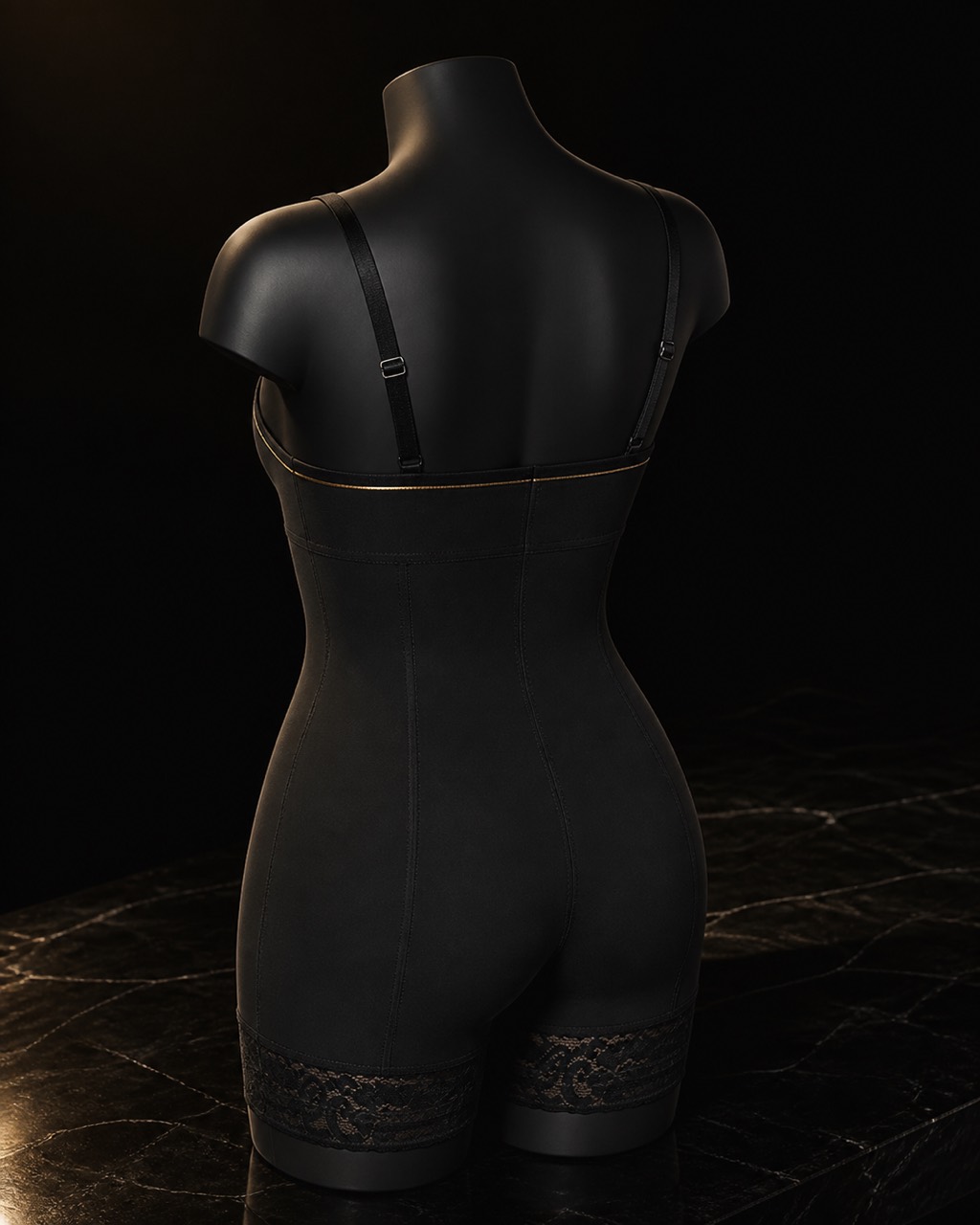 Under-Bust Zip Bodysuit — open, arranged as it is used — under a single warm gold light on black.