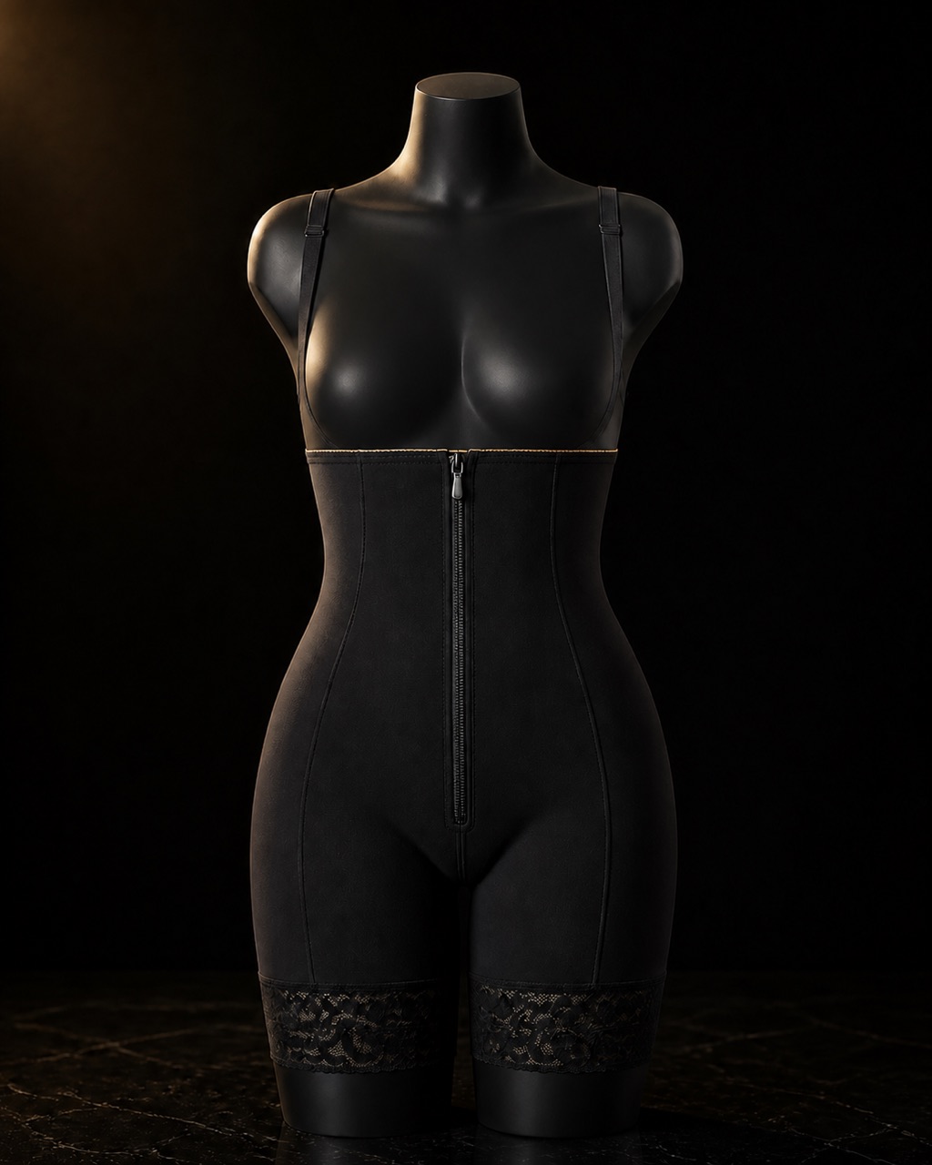 Under-Bust Zip Bodysuit — under-bust zip bodysuit — standing alone against near-black under a single warm gold light.