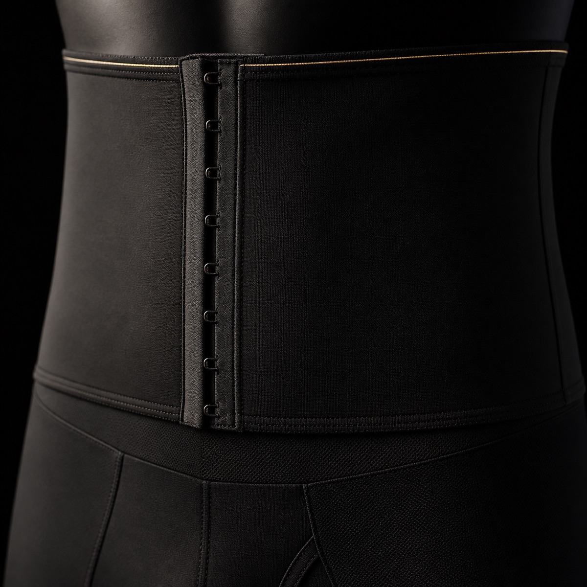 High-Waist Shaping Short — Men's Cut — the working end at magnification — under a single warm gold light on black.