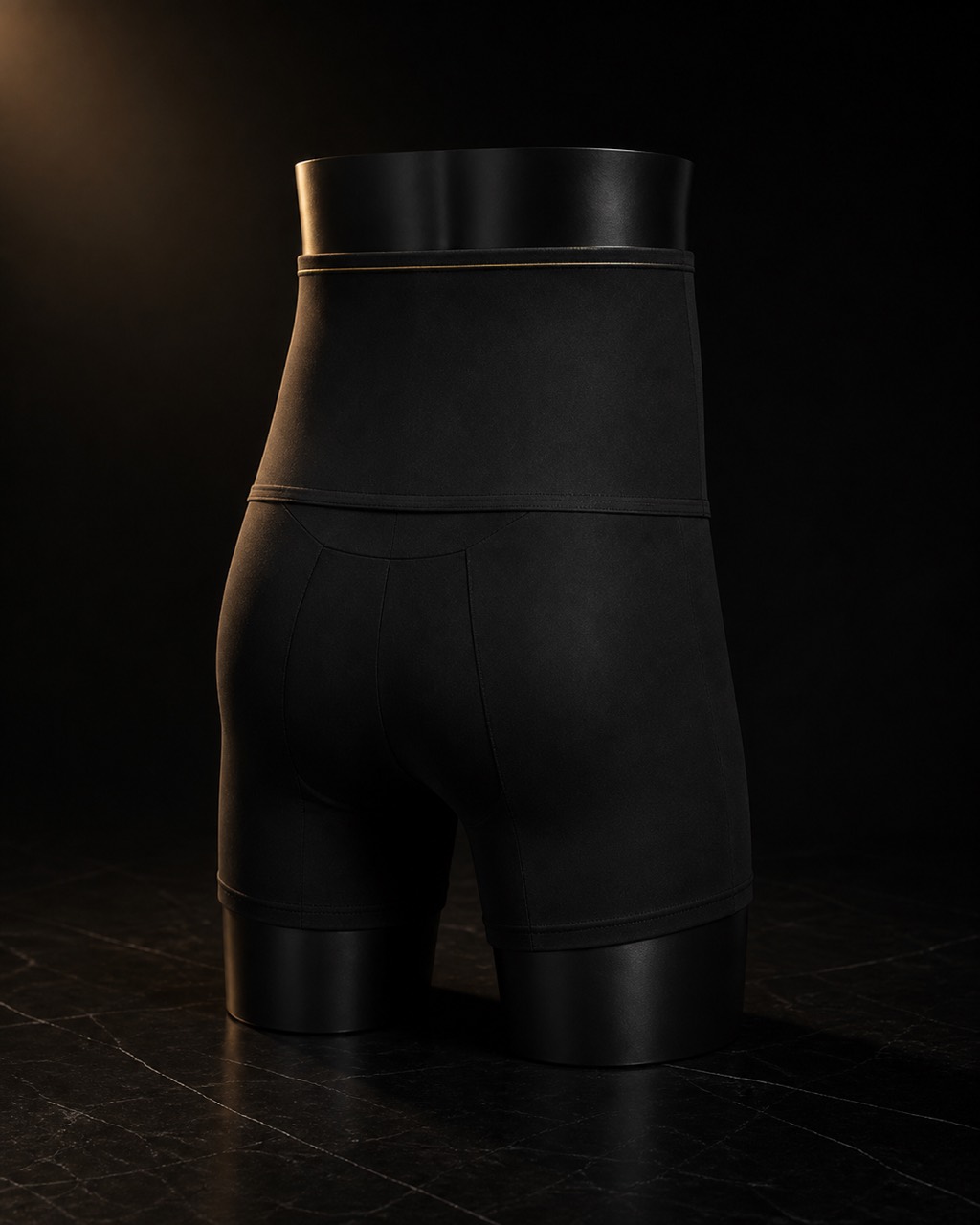 High-Waist Shaping Short — Men's Cut — open, arranged as it is used — under a single warm gold light on black.