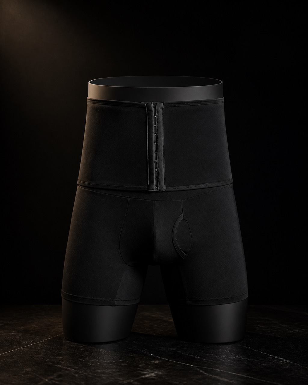 High-Waist Shaping Short — Men's Cut — padded high-waist shaping short — standing alone against near-black under a single warm gold light.