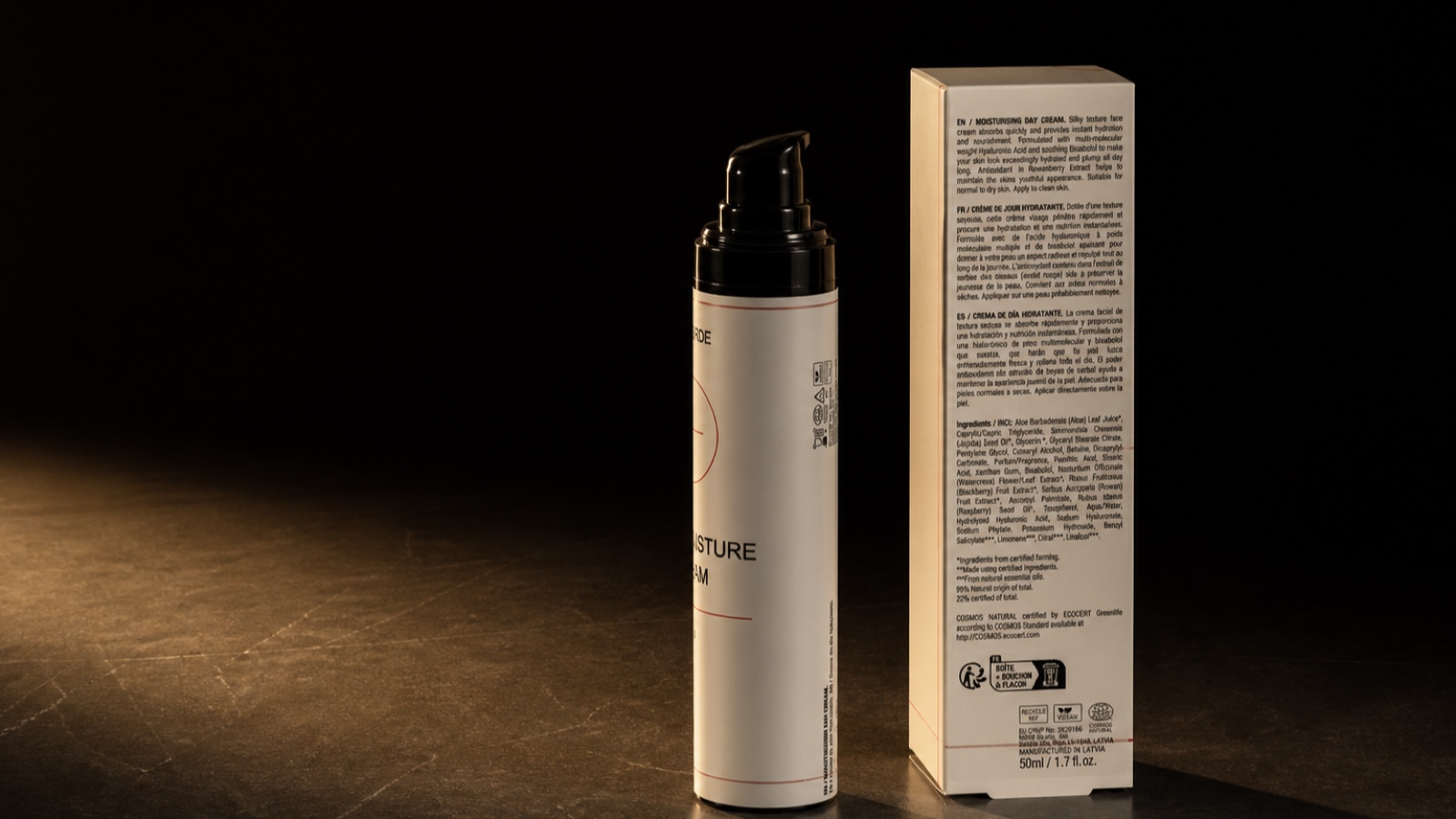 Daily Moisture Cream. The bottle turned, reading across the wide frame.