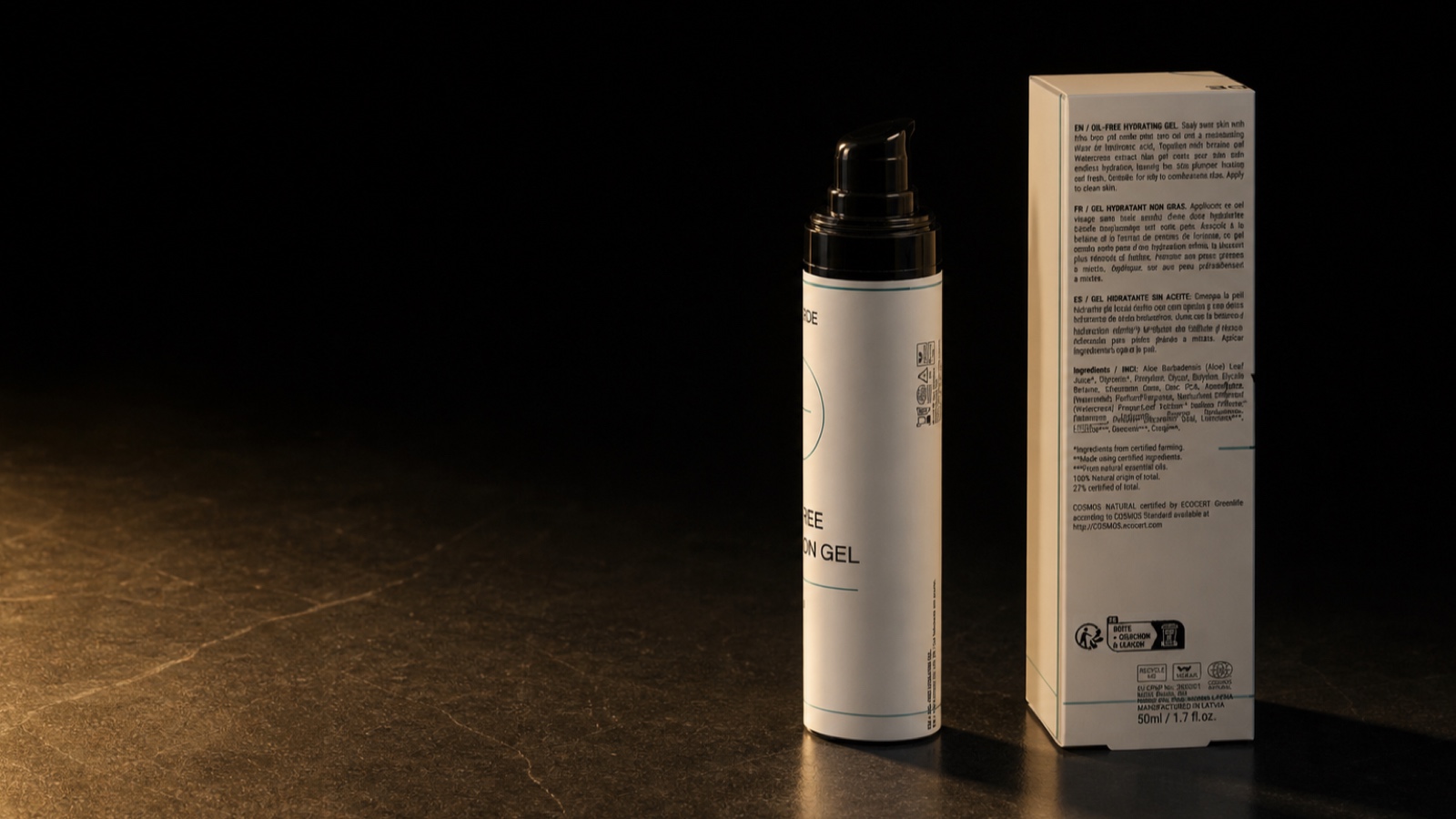 Oil-Free Hydration Gel. The bottle set down three-quarters on, low in the wide frame.