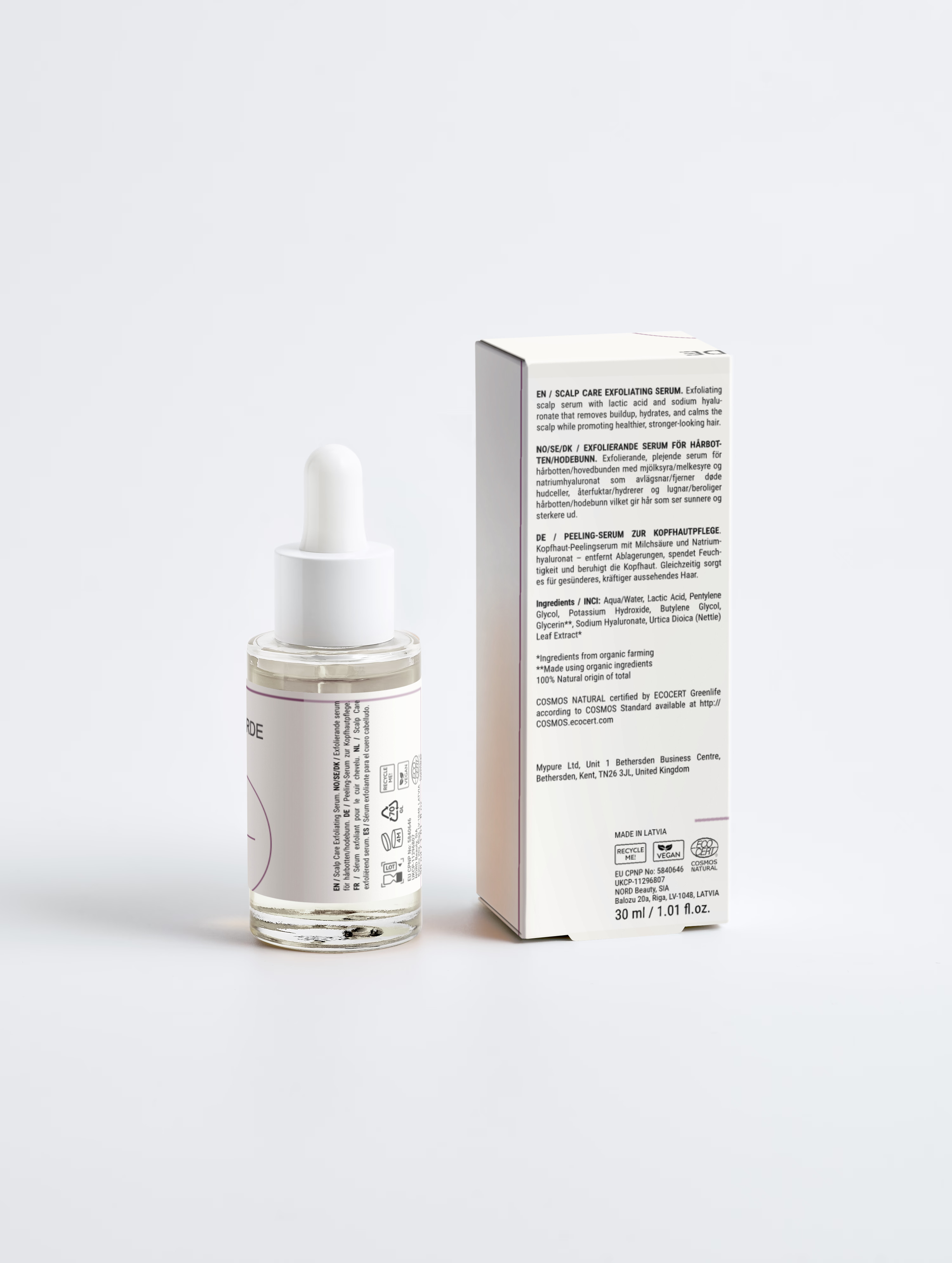 Scalp Exfoliating Serum. The bottle and carton from behind.