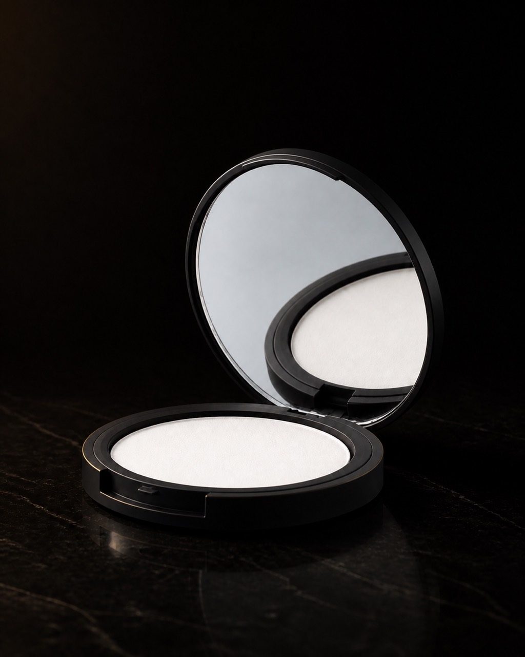 Translucent Pressed Powder — HD pressed compact — standing alone against near-black under a single warm gold light.