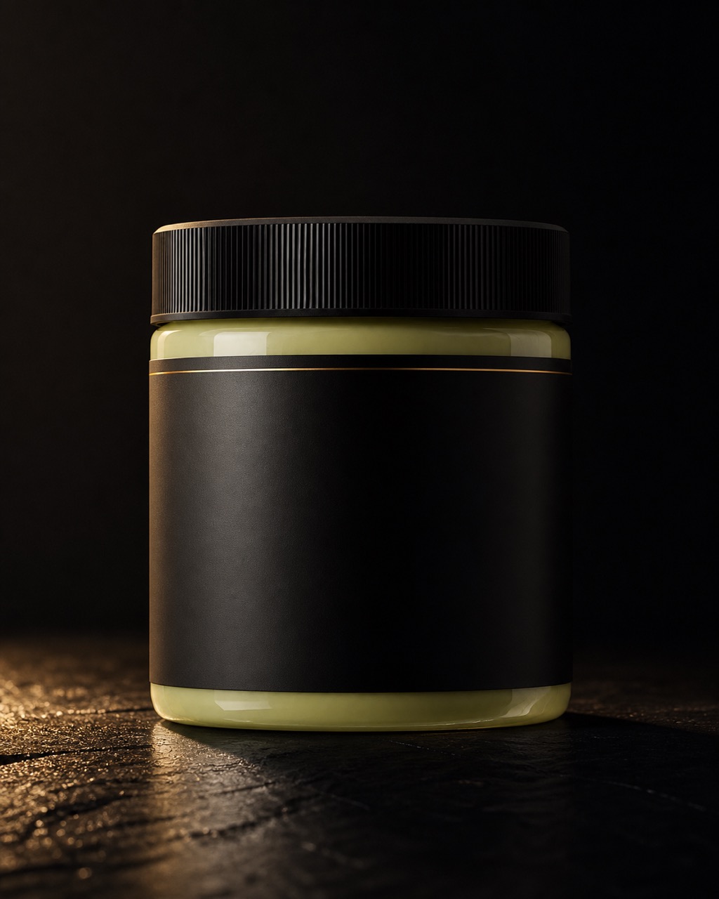 Raw Shea Butter — raw body moisture — standing alone against near-black under a single warm gold light.