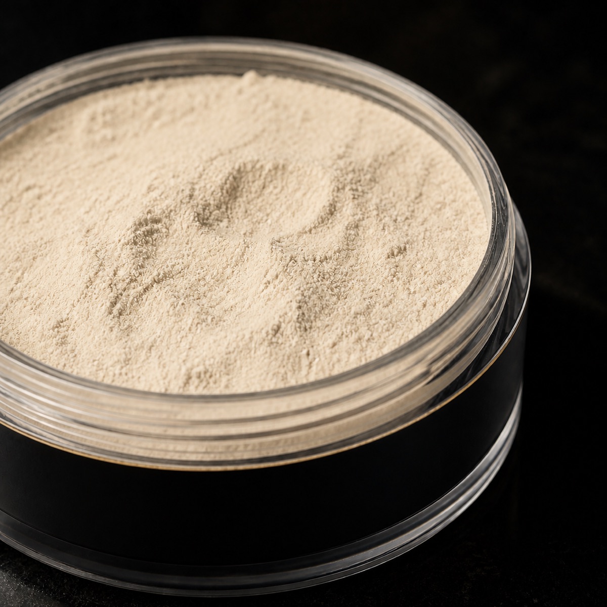 Loose Powder — Banana — the working end at magnification — under a single warm gold light on black.