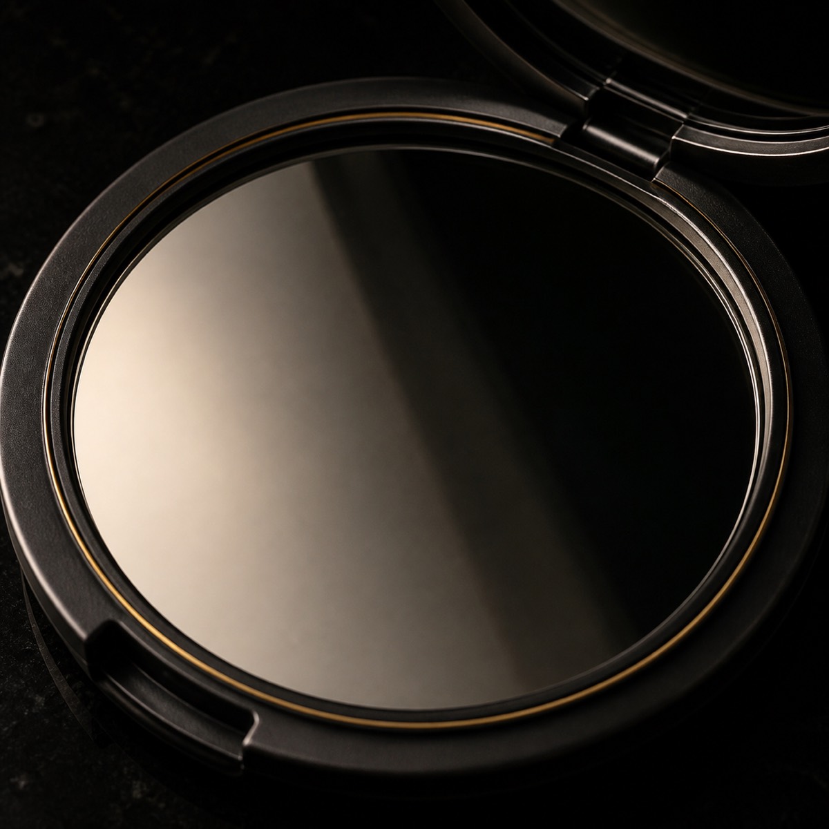 Compact Mirror — the working end at magnification — under a single warm gold light on black.