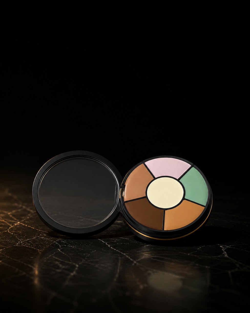 Corrector Wheel — Six Tones — six-tone wheel — standing alone against near-black under a single warm gold light.