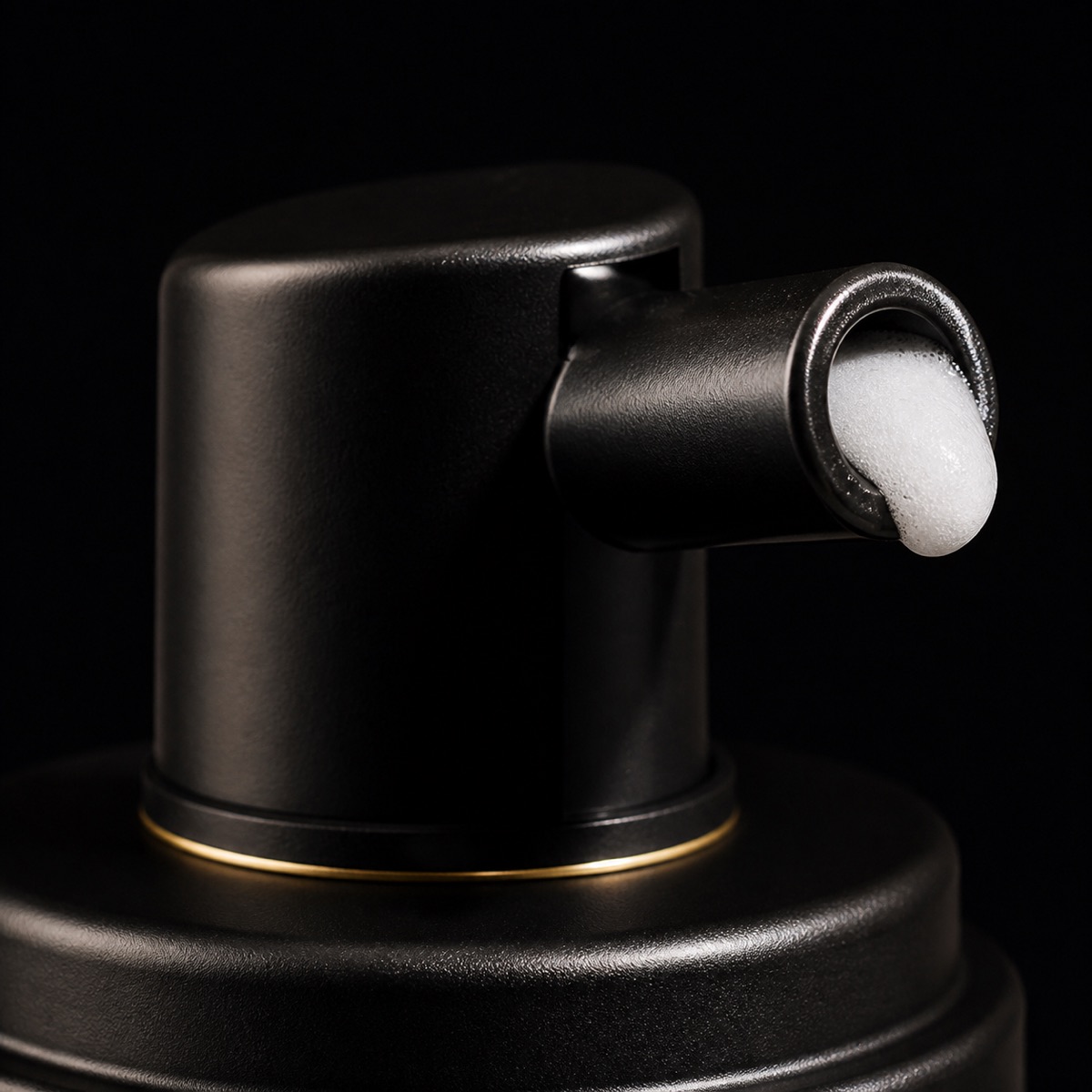 Foaming Cleanser — the working end at magnification — under a single warm gold light on black.