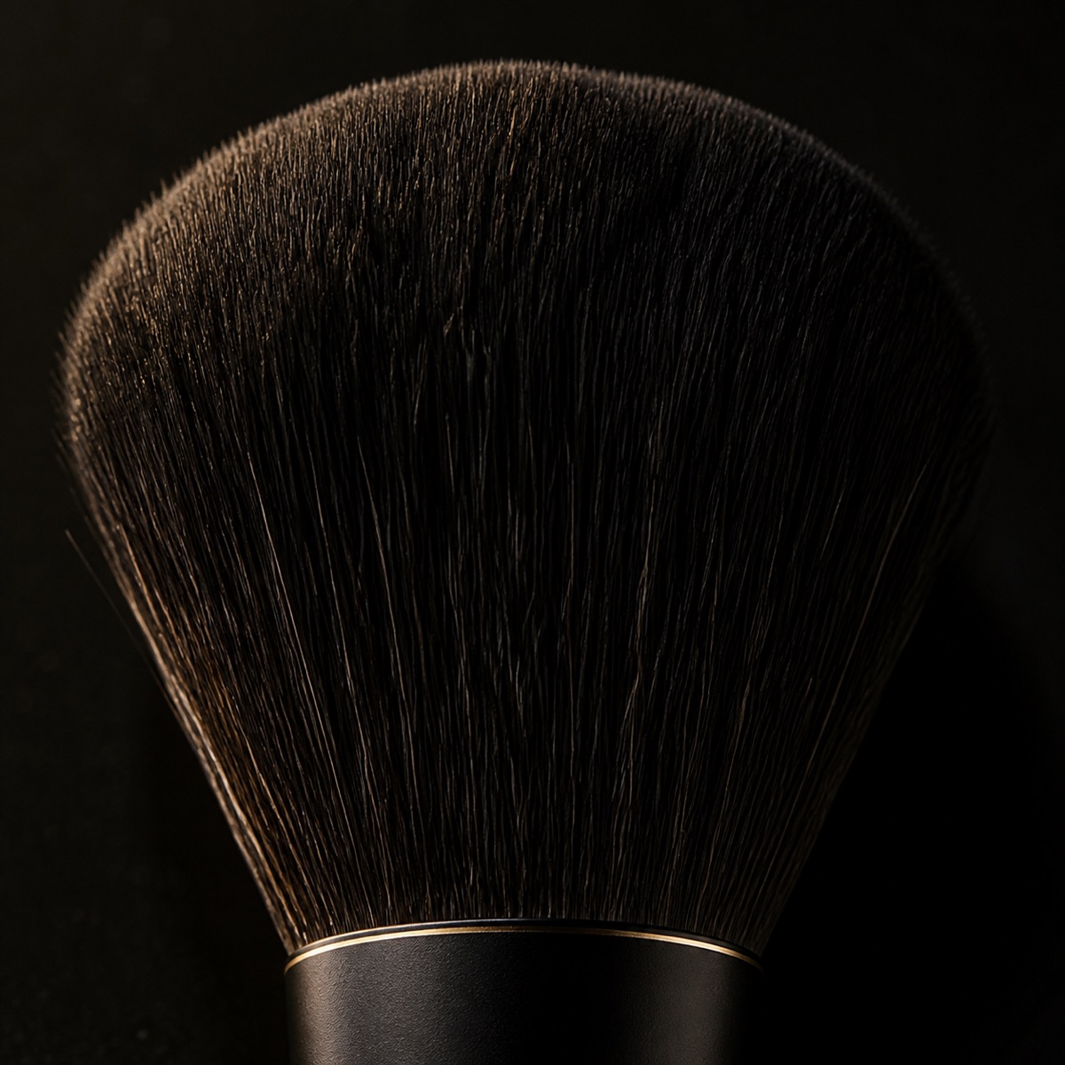 Tapered Powder Brush — the working end at magnification — under a single warm gold light on black.