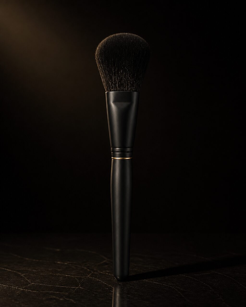 Tapered Powder Brush — tapered powder brush — standing alone against near-black under a single warm gold light.