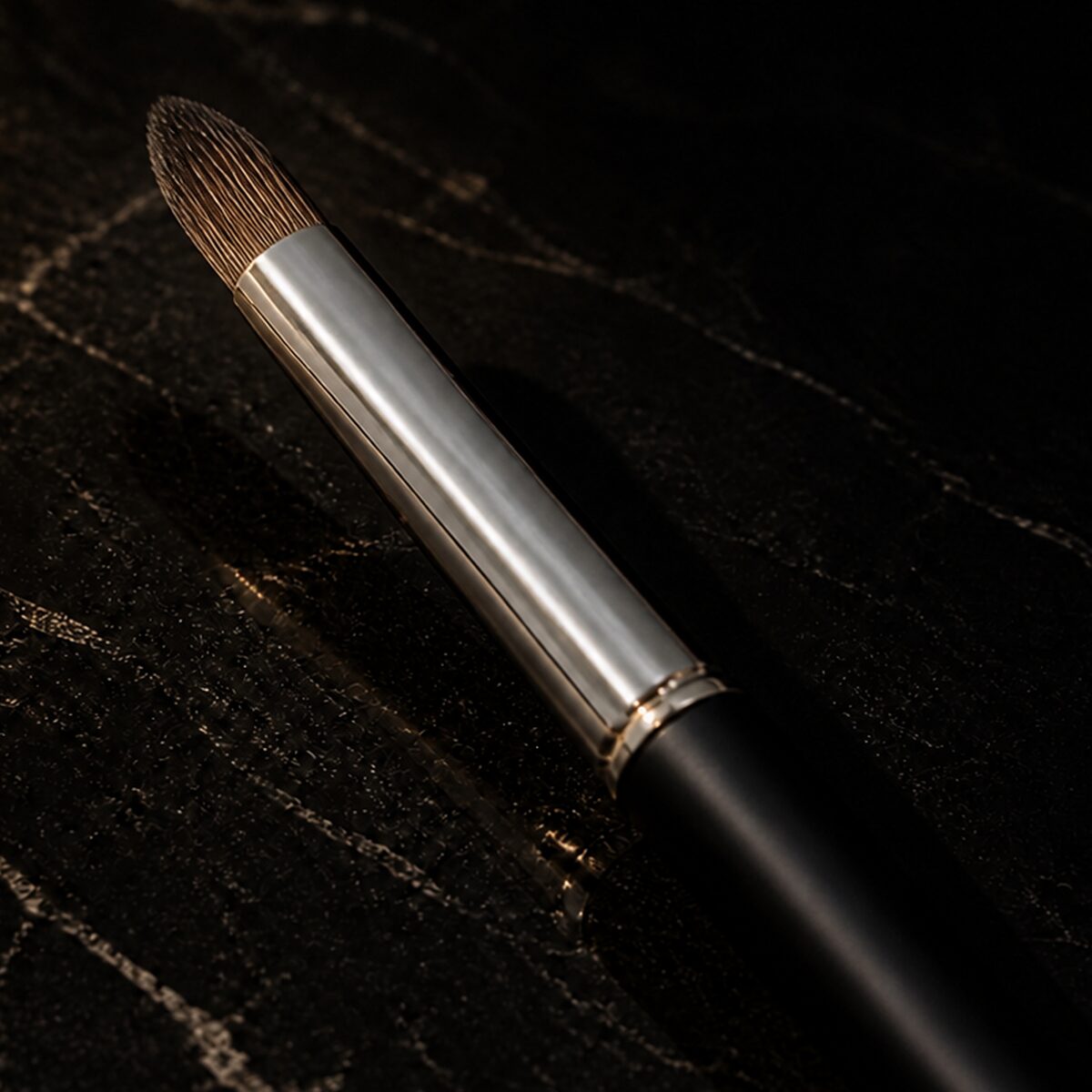 Pointed Lip Brush — the working end at magnification — under a single warm gold light on black.