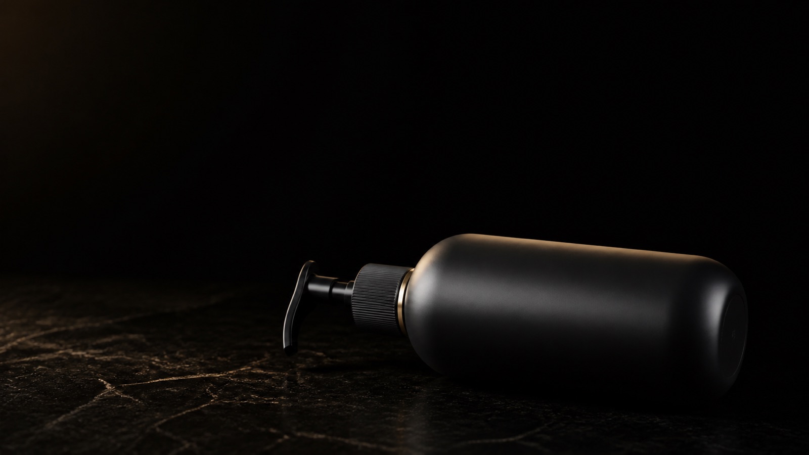 Makeup Remover Lotion — seen in three-quarter view, low in a wide frame — under a single warm gold light on black.