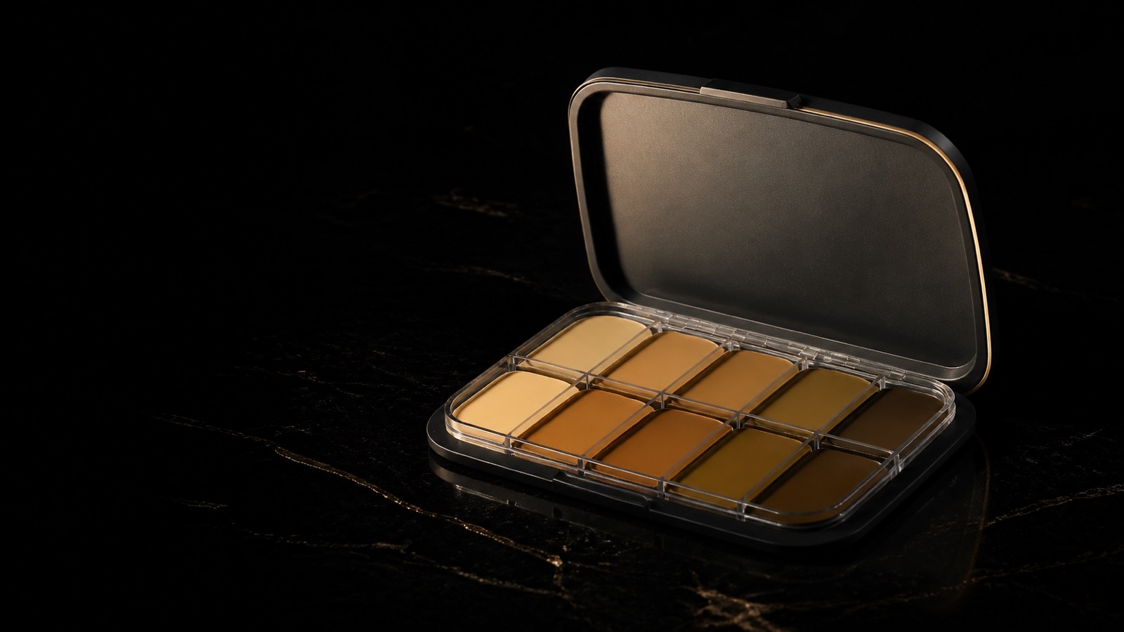 Total Tattoo Palette — Yellow Desert — seen in three-quarter view, low in a wide frame — under a single warm gold light on black.
