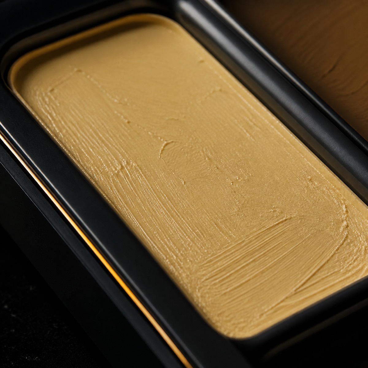 Total Tattoo Palette — Yellow Desert — the working end at magnification — under a single warm gold light on black.