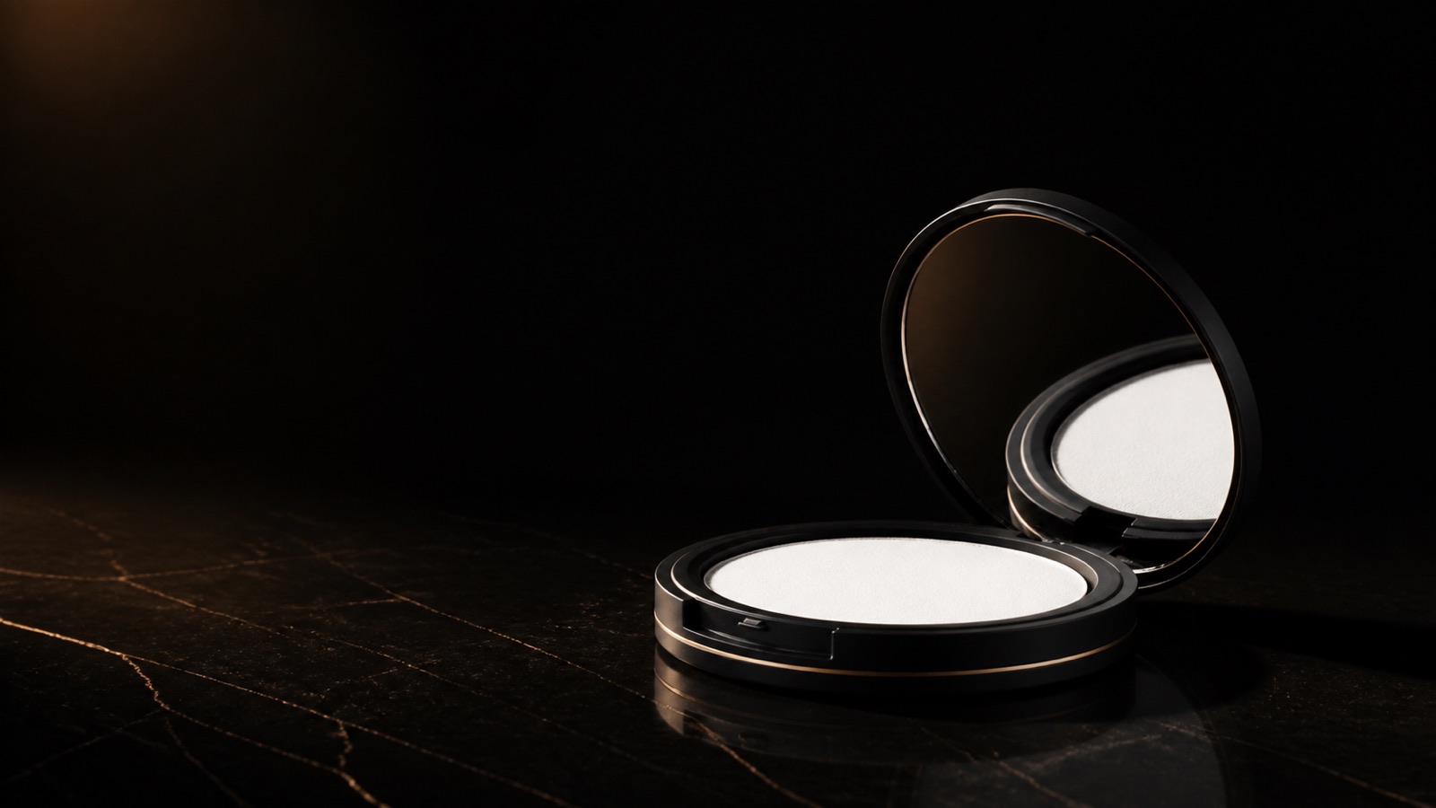 Translucent Pressed Powder — seen in three-quarter view, low in a wide frame — under a single warm gold light on black.