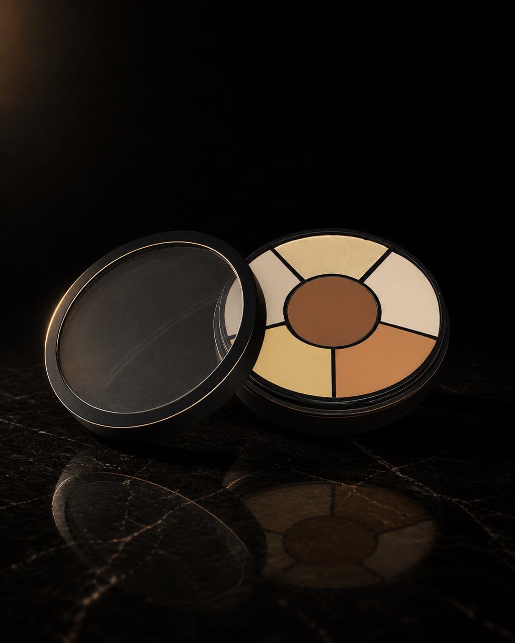 Corrector Wheel — Deep — deep-tone six-pan wheel — standing alone against near-black under a single warm gold light.