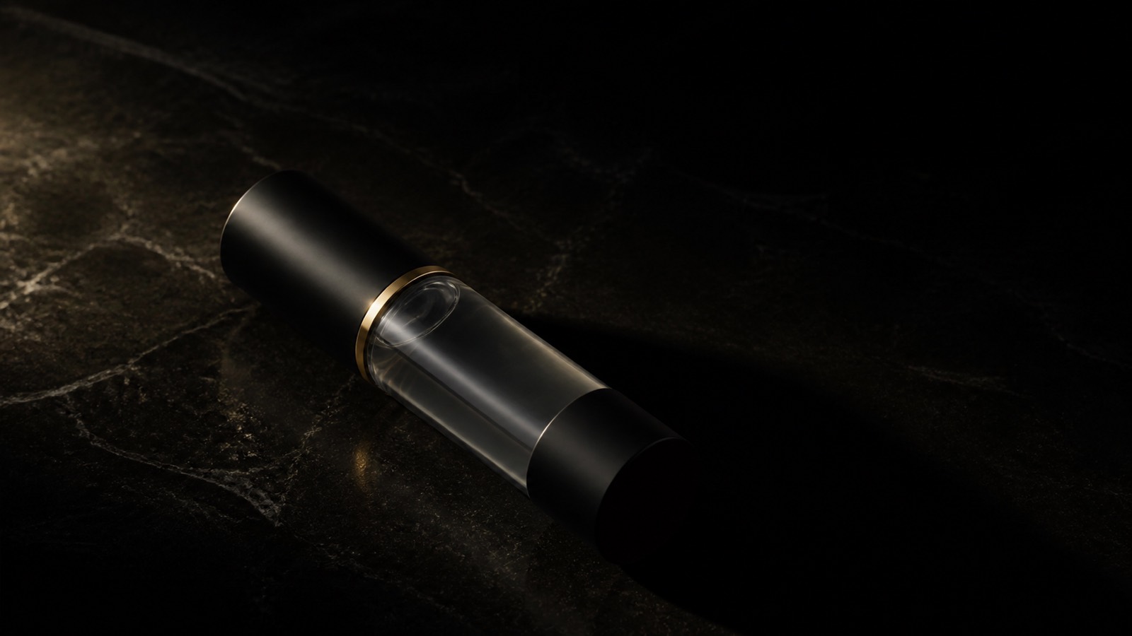 Perfect Canvas Primer — seen in three-quarter view, low in a wide frame — under a single warm gold light on black.