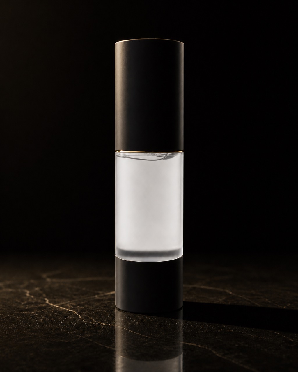 Perfect Canvas Primer — oil-free smoothing primer — standing alone against near-black under a single warm gold light.