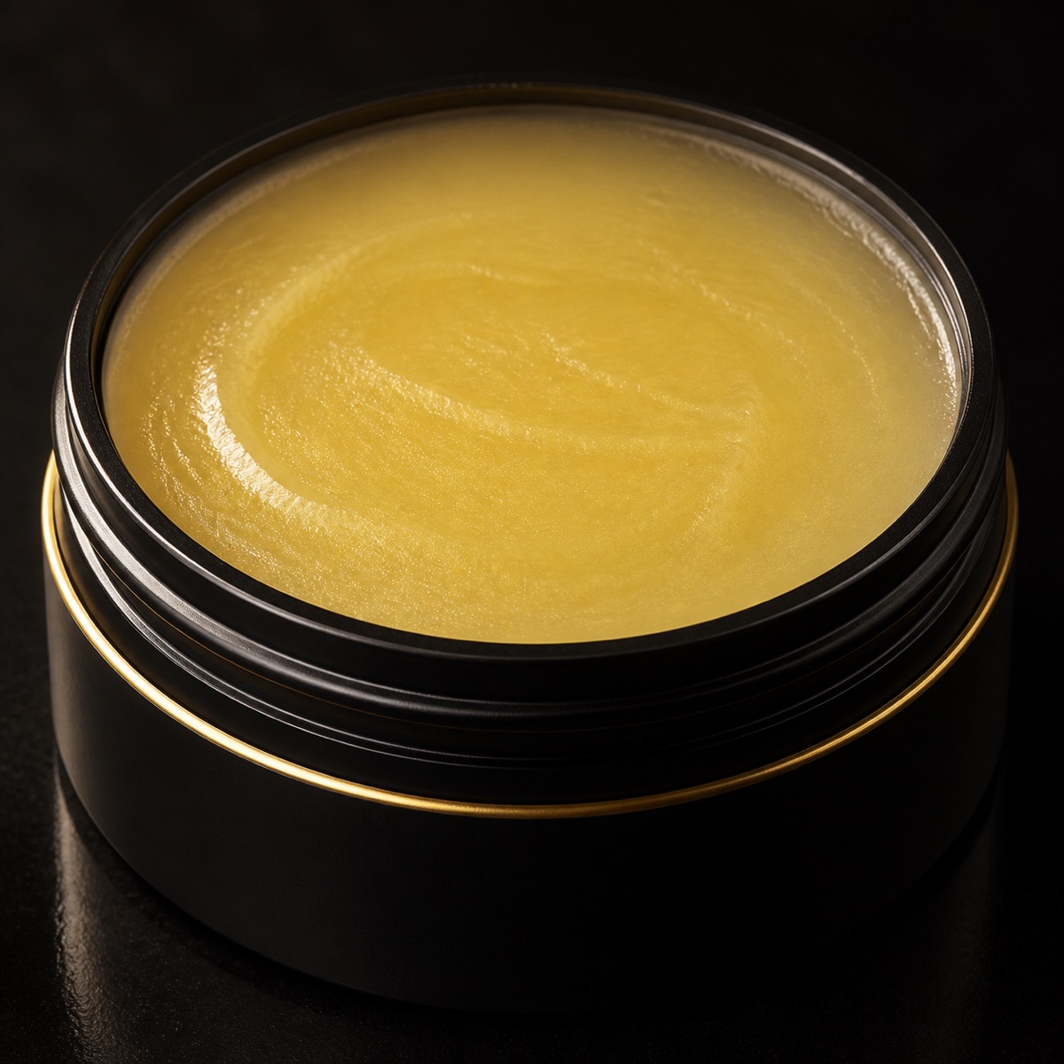 Lip Conditioner — the working end at magnification — under a single warm gold light on black.