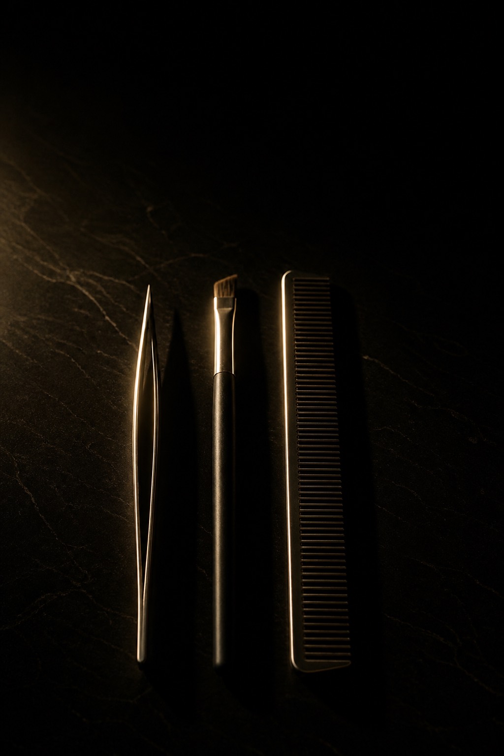Three instruments laid in a row on black stone — a pointed tweezer, an angled brush and a fine comb — each found along one edge by a single gold light.