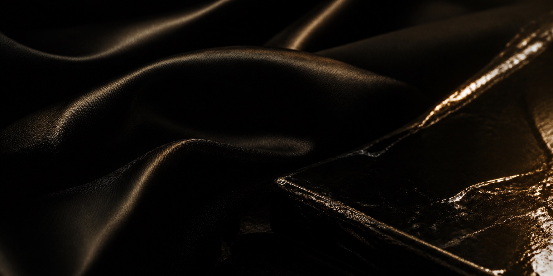 Black silk falling across black lacquer, separated only by the sheen a single gold light finds.
