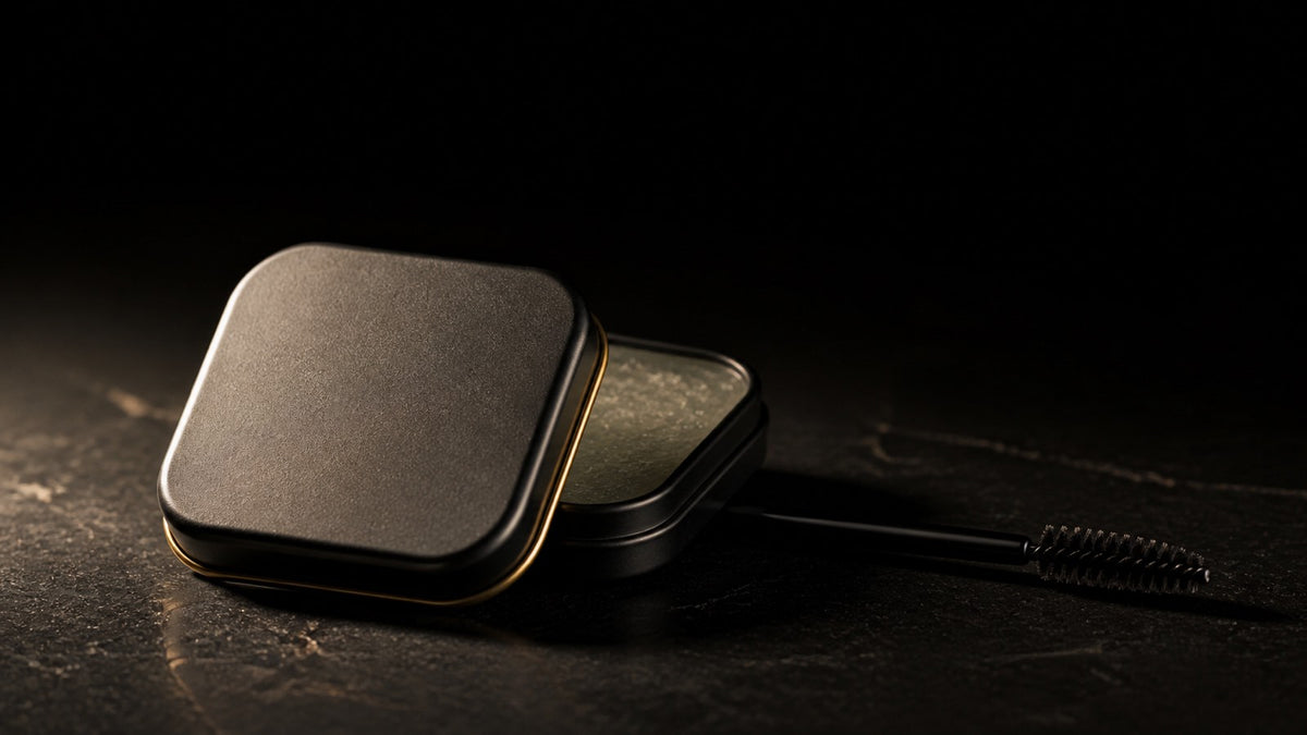 Brow Soap — seen in three-quarter view, low in a wide frame — under a single warm gold light on black.
