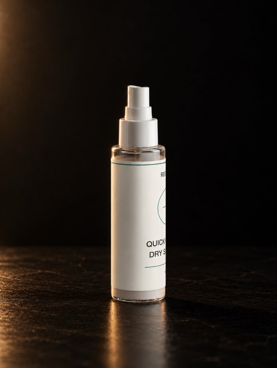 Dry Shampoo Spray. The bottle, front on.