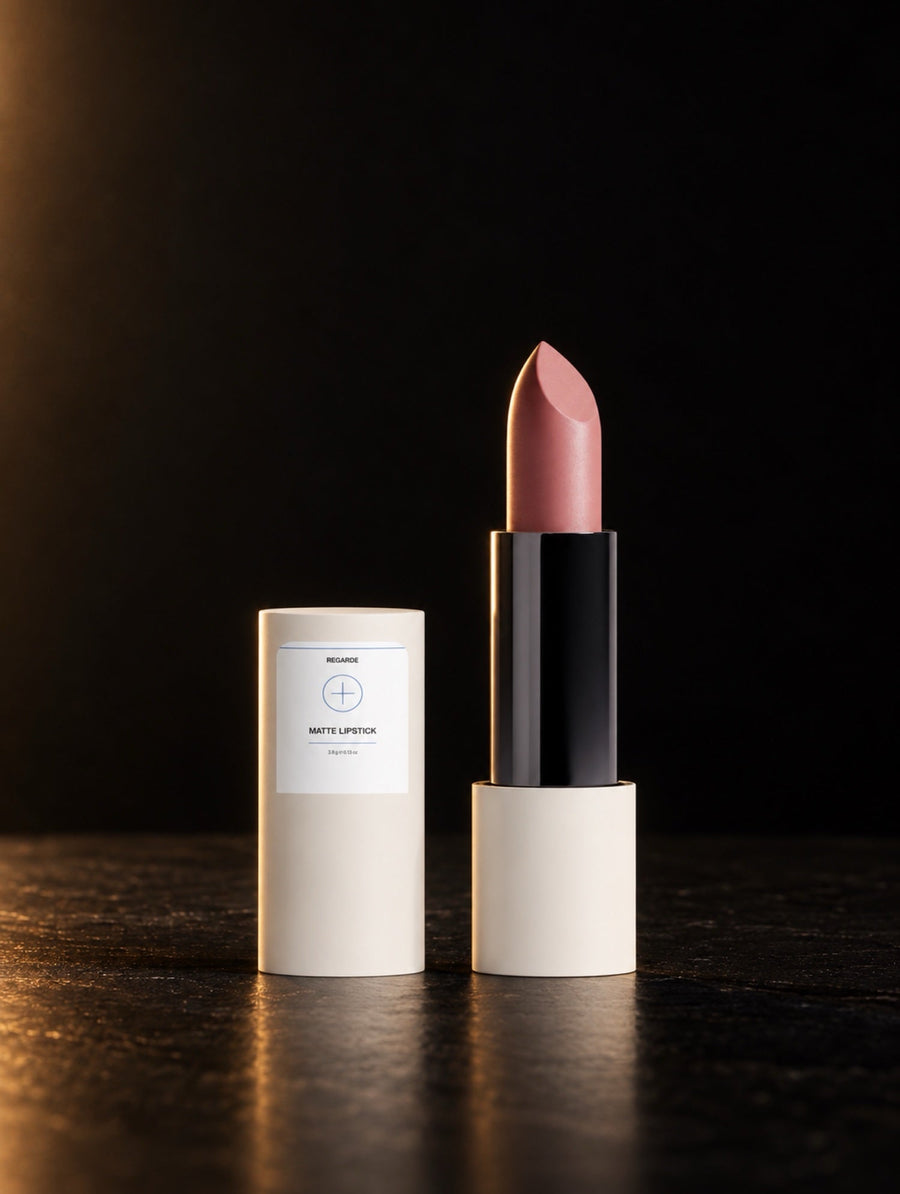Matte Lipstick — Dusty Rose. The lipstick and its cap, front on.