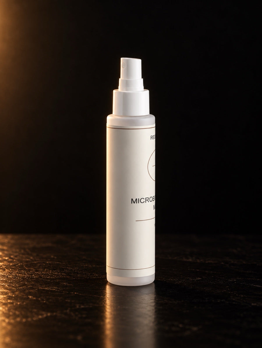 Microbiome Face Mist. The spray bottle, front on.