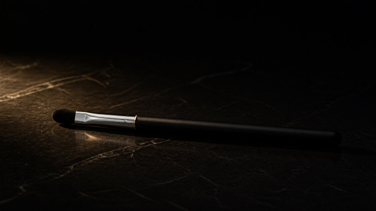 Oval Lip Brush — seen in three-quarter view, low in a wide frame — under a single warm gold light on black.
