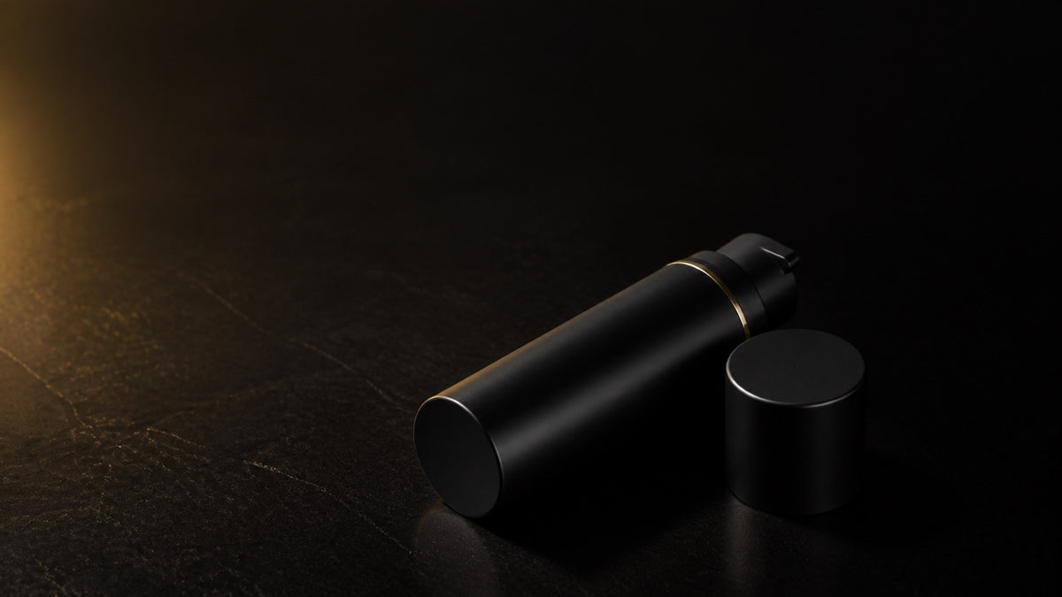 Peptide Eye Gel-Cream — seen in three-quarter view, low in a wide frame — under a single warm gold light on black.