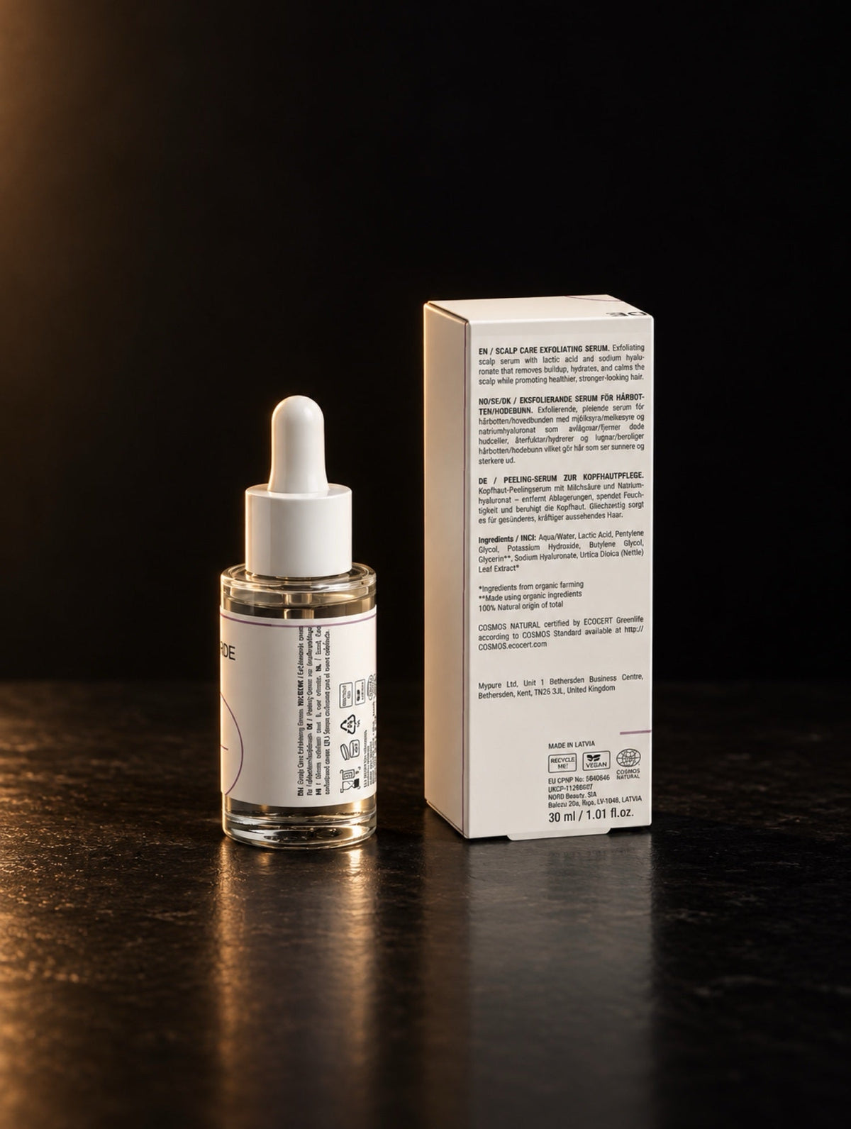 Scalp Exfoliating Serum. The bottle and carton from behind.